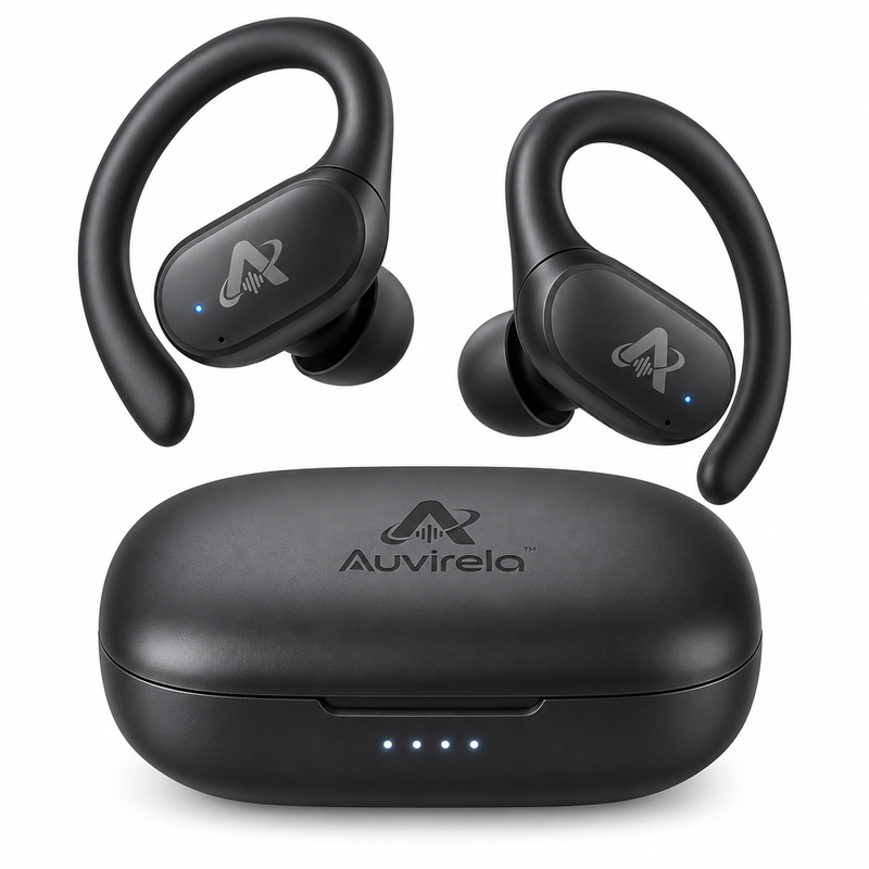 Auvirela™ ActiveFit Wireless Earbuds with Ear Hooks – Bluetooth 5.3, Up to 32-Hour Battery Life, IPX5 Water Resistance & Charging Case
