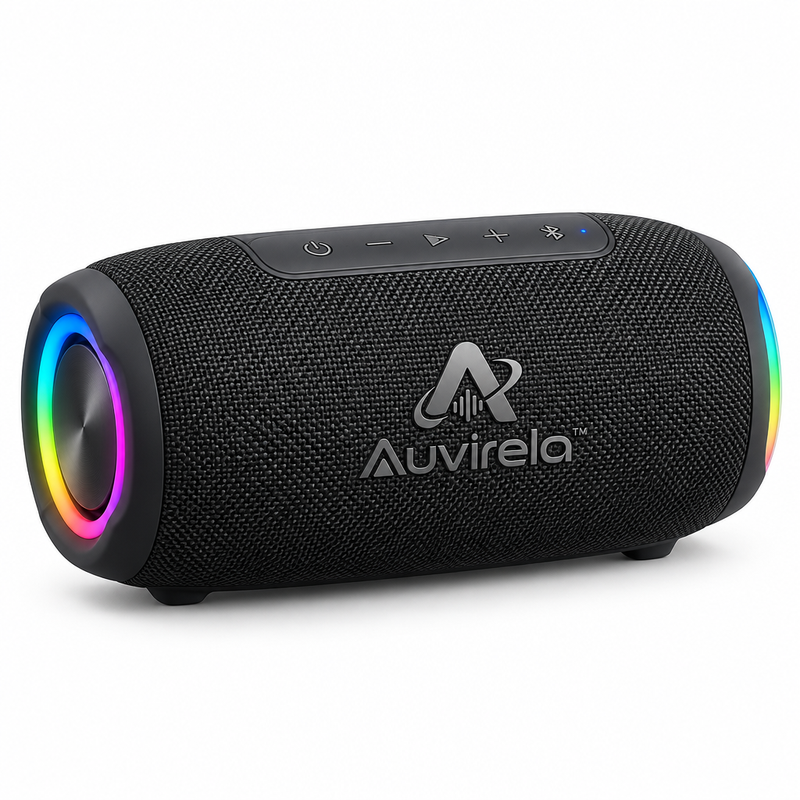 Auvirela™ PulseGlow Portable Bluetooth Speaker – Stereo Sound, Dynamic RGB Lighting, IPX5 Water Resistance & Rechargeable Battery