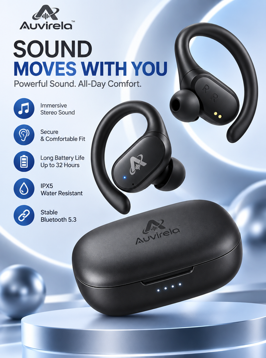 Auvirela™ ActiveFit Wireless Earbuds with Ear Hooks – Bluetooth 5.3, Up to 32-Hour Battery Life, IPX5 Water Resistance & Charging Case
