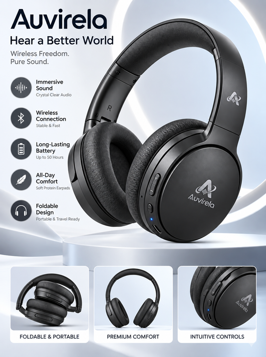 Auvirela™ Foldable Wireless Over-Ear Headphones – 50-Hour Playtime, Soft Cushioned Earpads & Easy Controls