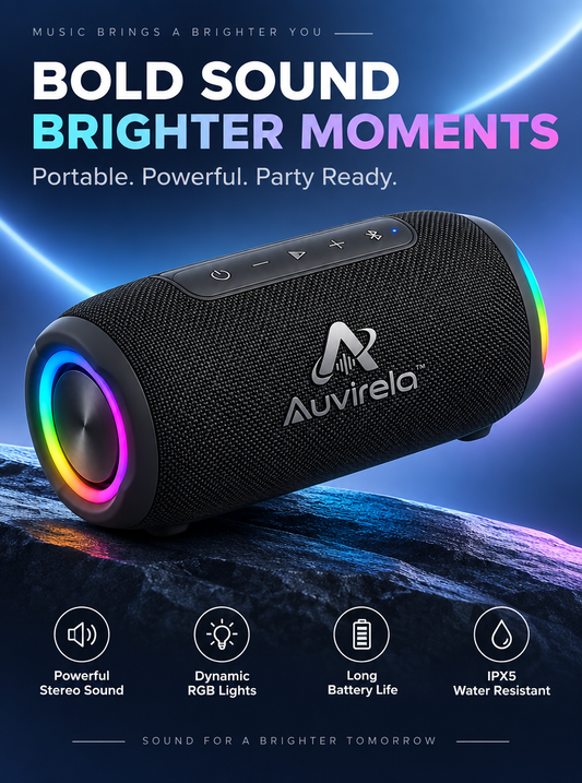Auvirela™ PulseGlow Portable Bluetooth Speaker – Stereo Sound, Dynamic RGB Lighting, IPX5 Water Resistance & Rechargeable Battery