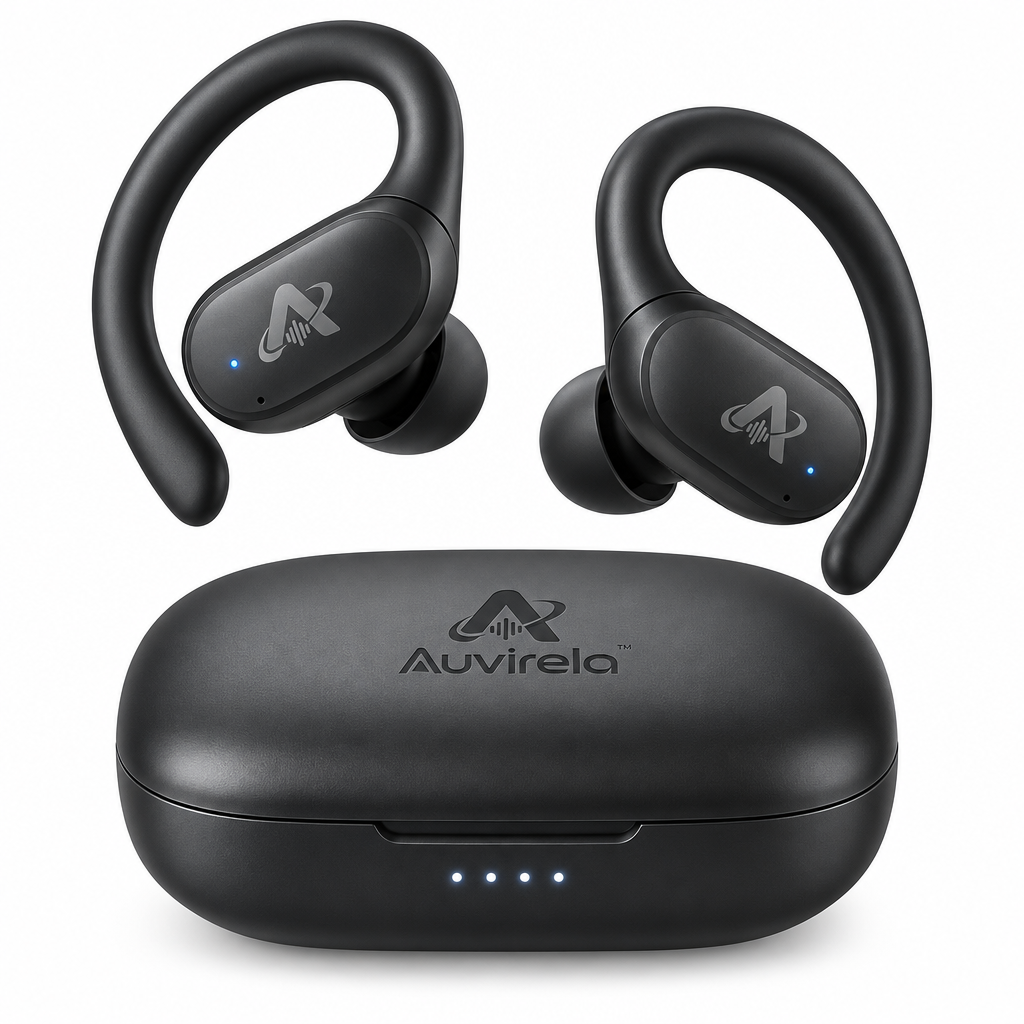 Auvirela™ ActiveFit Wireless Earbuds with Ear Hooks – Bluetooth 5.3, Up to 32-Hour Battery Life, IPX5 Water Resistance & Charging Case