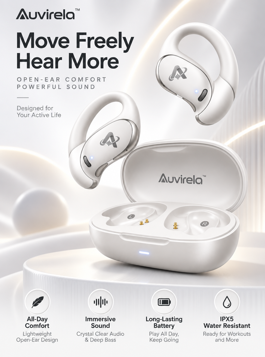 Auvirela™ AirLoop Open-Ear Wireless Earbuds – Lightweight Ear-Hook Headphones with Charging Case, IPX5 Water Resistance & Long-Lasting Battery