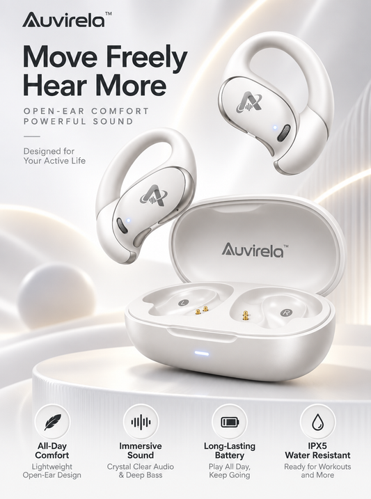 Auvirela™ AirLoop Open-Ear Wireless Earbuds – Lightweight Ear-Hook Headphones with Charging Case, IPX5 Water Resistance & Long-Lasting Battery