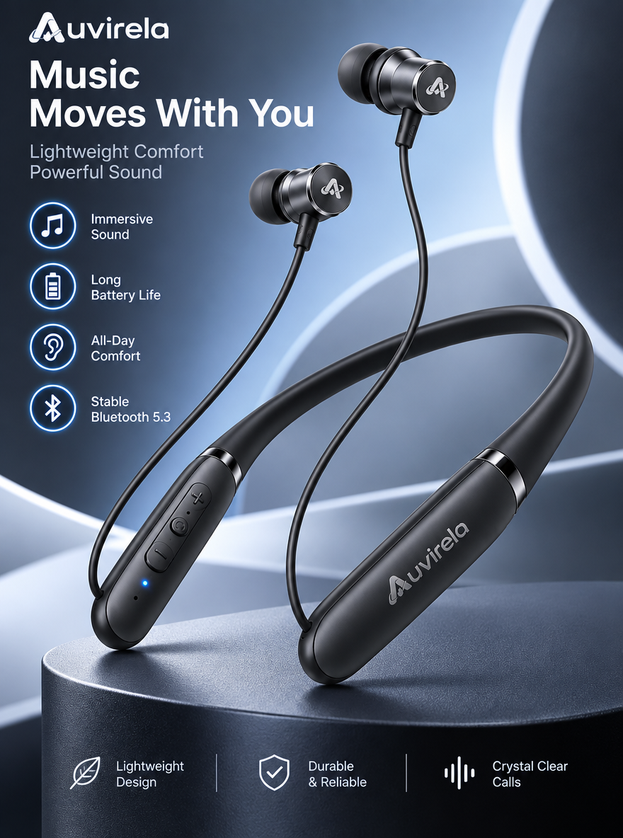 Auvirela™ FlexFit Wireless Neckband Earphones – Bluetooth 5.3, Lightweight In-Ear Headphones with Clear Calls & Long-Lasting Battery