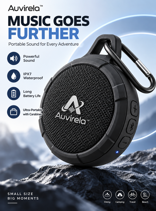 Auvirela™ TrailClip IPX7 Portable Bluetooth Speaker – Compact Outdoor Wireless Speaker with Carabiner, Powerful Sound & Rechargeable Battery