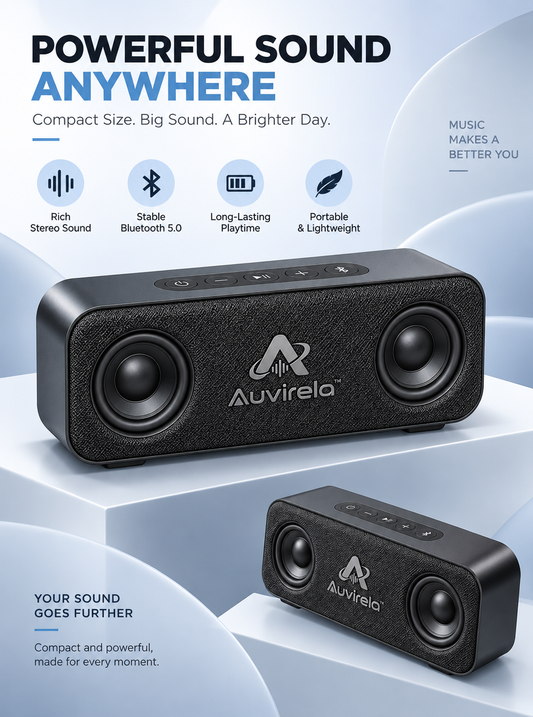 Auvirela™ Compact Stereo Bluetooth Speaker – Portable Wireless Speaker with Bluetooth 5.0, Rich Sound & Long-Lasting Playtime