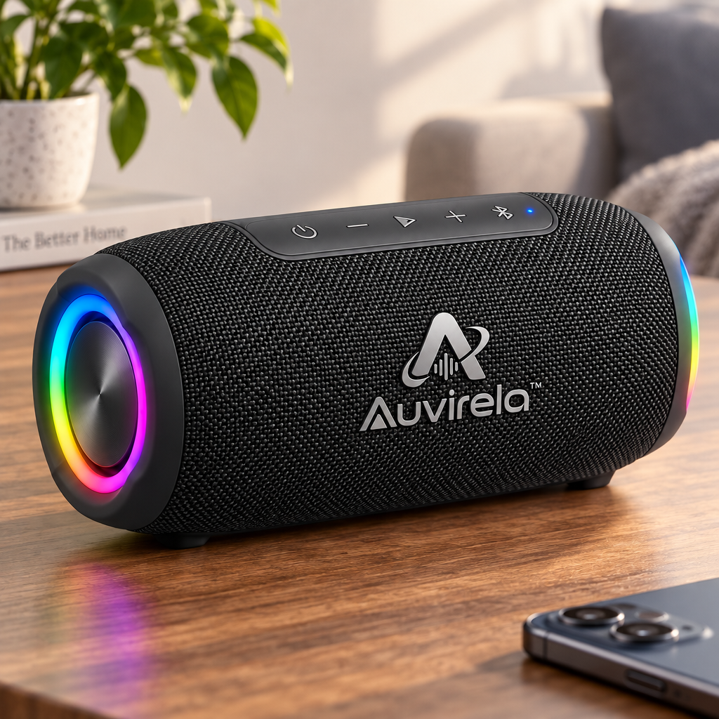 Auvirela™ PulseGlow Portable Bluetooth Speaker – Stereo Sound, Dynamic RGB Lighting, IPX5 Water Resistance & Rechargeable Battery