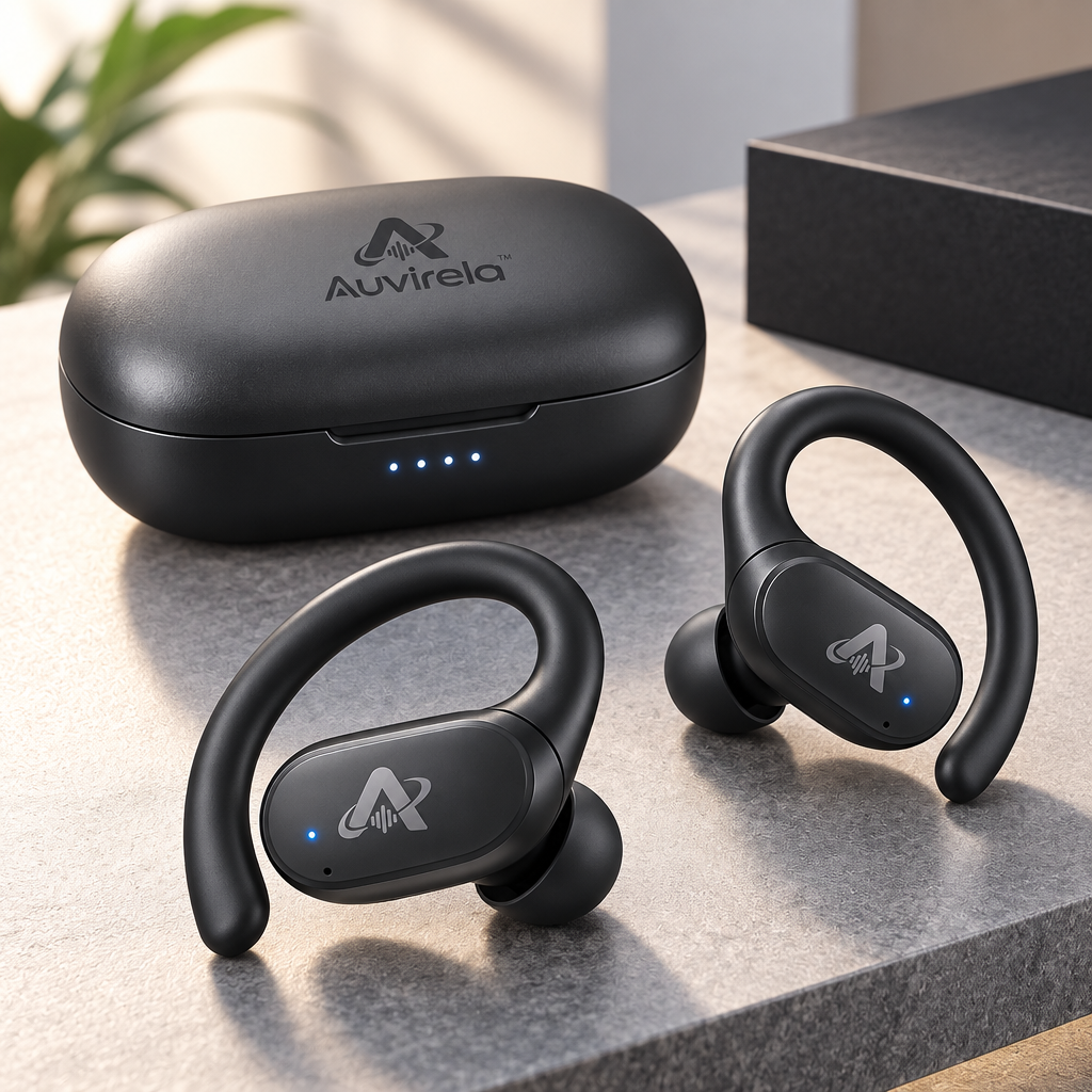Auvirela™ ActiveFit Wireless Earbuds with Ear Hooks – Bluetooth 5.3, Up to 32-Hour Battery Life, IPX5 Water Resistance & Charging Case